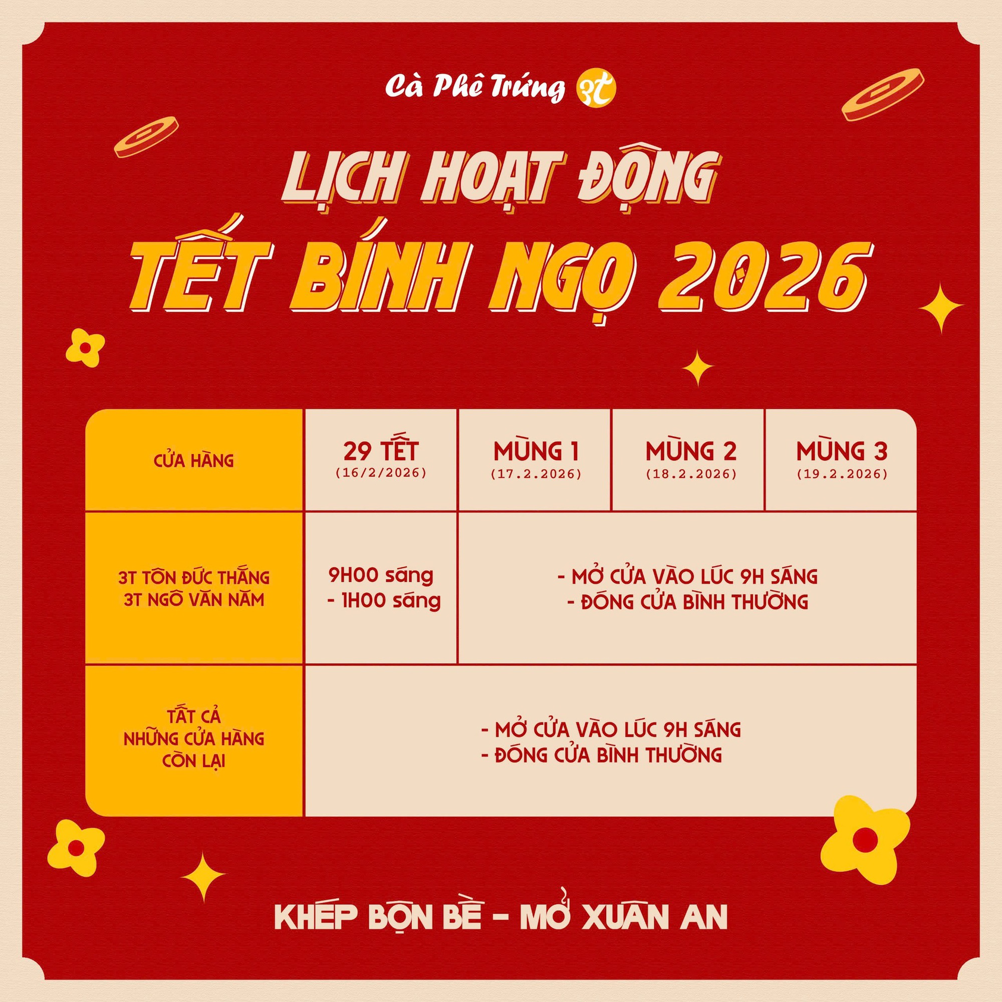 Lịch mở cửa và mức phụ thu của các chuỗi cà phê lớn tại TP.HCM dịp Tết Bính Ngọ 2026- Ảnh 10. Lịch mở cửa và mức phụ thu của các chuỗi cà phê lớn tại TP.HCM dịp Tết Bính Ngọ 2026- Ảnh 10.