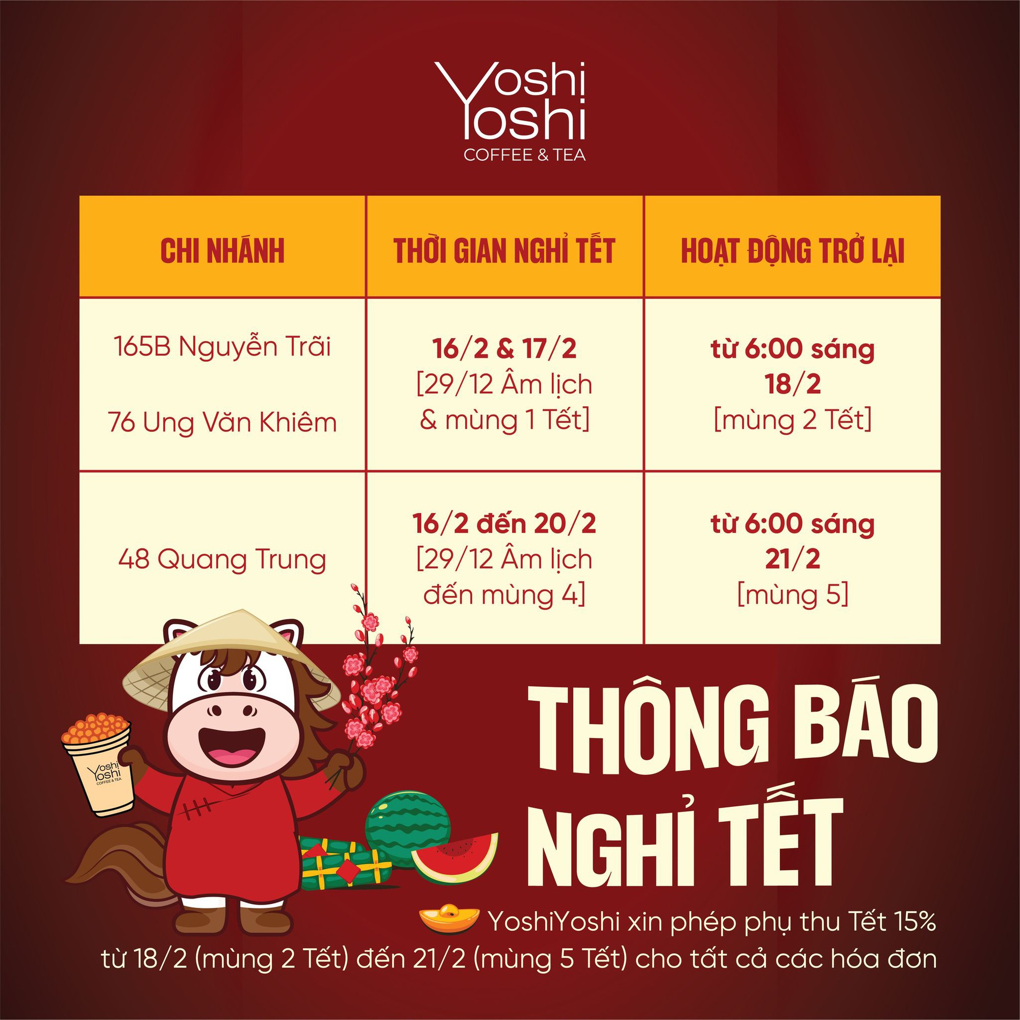 Lịch mở cửa và mức phụ thu của các chuỗi cà phê lớn tại TP.HCM dịp Tết Bính Ngọ 2026- Ảnh 13. Lịch mở cửa và mức phụ thu của các chuỗi cà phê lớn tại TP.HCM dịp Tết Bính Ngọ 2026- Ảnh 13.