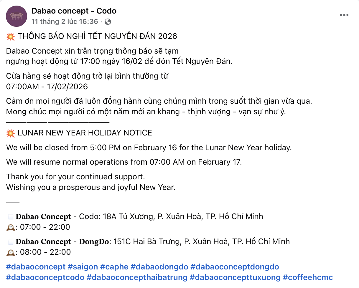 Lịch mở cửa và mức phụ thu của các chuỗi cà phê lớn tại TP.HCM dịp Tết Bính Ngọ 2026- Ảnh 17. Lịch mở cửa và mức phụ thu của các chuỗi cà phê lớn tại TP.HCM dịp Tết Bính Ngọ 2026- Ảnh 17.