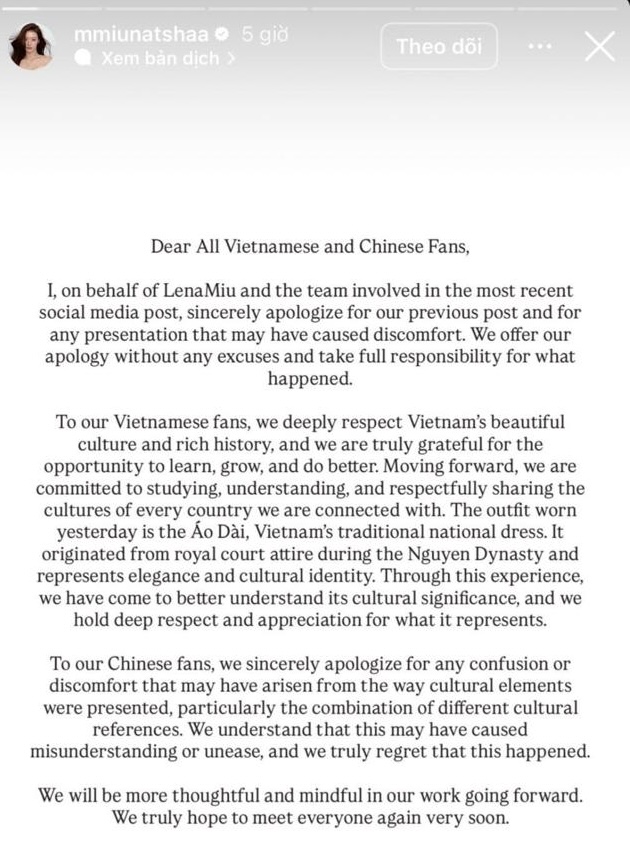 Couple nổi tiếng Th&aacute;i Lan đăng t&acirc;m thư xin lỗi v&igrave; gọi &aacute;o d&agrave;i Việt Nam l&agrave; trang phục truyền thống Trung Hoa- Ảnh 7.