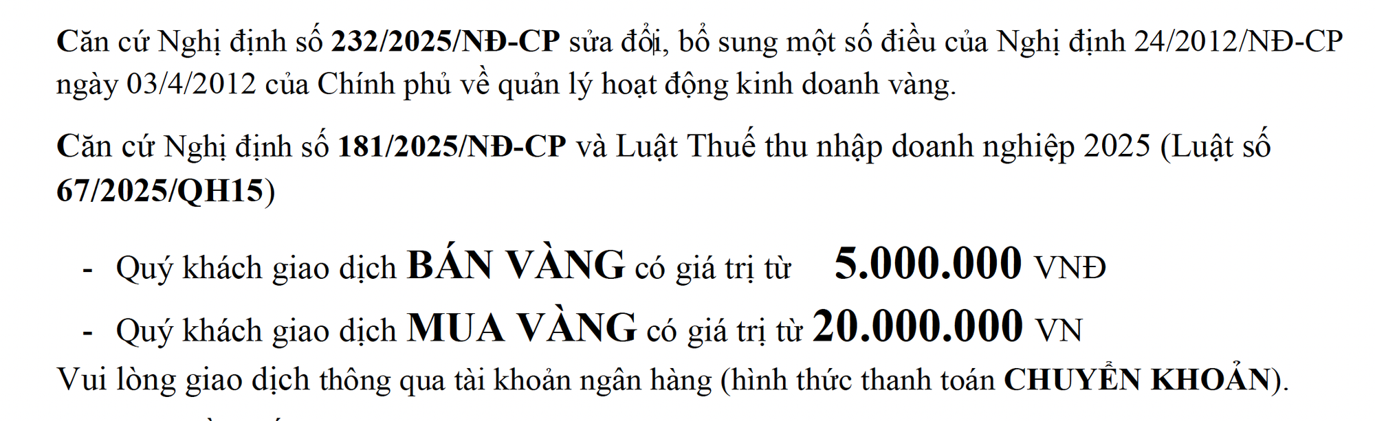 Kh&aacute;ch giao dịch v&agrave;ng từ 5 triệu đồng trở l&ecirc;n phải chuyển khoản- Ảnh 2.