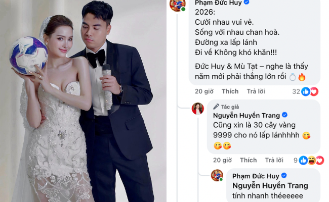 MC Huyền Trang Mù Tạt tung ảnh cưới xịn cùng tuyển thủ Việt Nam ngay năm mới, còn "xin" 30 cây vàng 9999 gây choáng- Ảnh 1. MC Huyền Trang Mù Tạt tung ảnh cưới cùng tuyển thủ Việt Nam ngay năm mới, còn