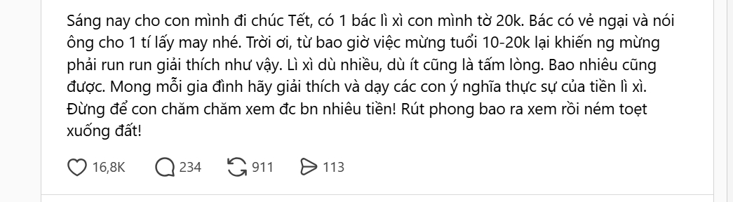 Bài đăng nhận hơn 16 nghìn lượt like ngày Tết: Từ bao giờ người lớn phải ngại ngùng, run run giải thích như này?- Ảnh 1.