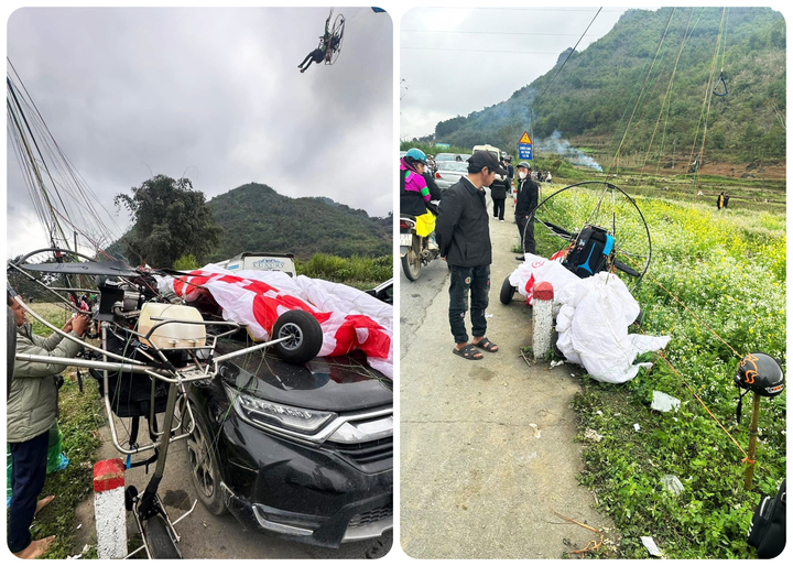 D&ugrave; lượn gặp sự cố tại Quản Bạ, rơi tr&uacute;ng &ocirc; t&ocirc; l&agrave;m vỡ k&iacute;nh chắn gi&oacute;- Ảnh 1.