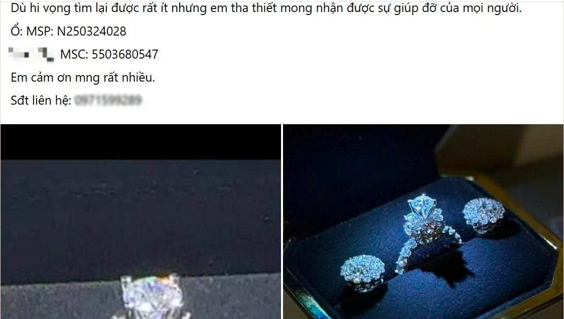 Cô gái đăng bài cầu cứu vì làm mất nhẫn kim cương đính hôn: Công an xác minh- Ảnh 1. Cô gái đăng bài cầu cứu vì làm mất nhẫn kim cương đính hôn: Công an xác minh- Ảnh 1.