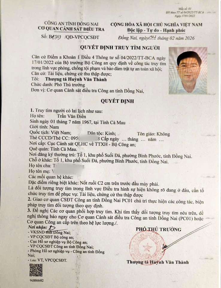 Quyết định truy tìm người có tên Trần Văn Điền SN 1967- Ảnh 1. Quyết định truy tìm người có tên Trần Văn Điền SN 1967- Ảnh 1.