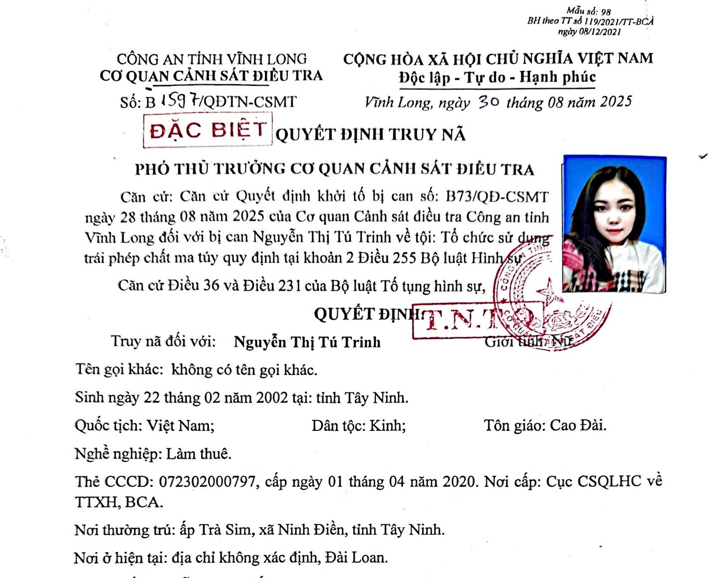 Truy nã toàn quốc Nguyễn Thị Tú Trinh SN 2002- Ảnh 1.