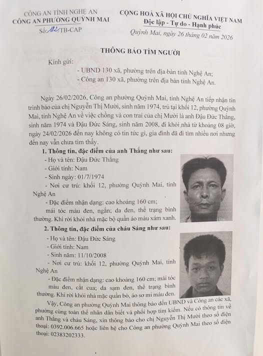 C&ocirc;ng an ph&aacute;t th&ocirc;ng b&aacute;o khẩn: Hai bố con ở Nghệ An ra H&agrave; Nội theo lời tuyển dụng qua mạng rồi mất t&iacute;ch b&iacute; ẩn- Ảnh 1.