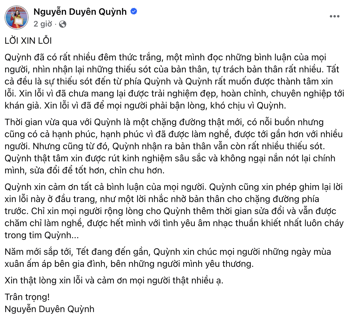 Nguyễn Duy&ecirc;n Quỳnh xin lỗi v&igrave; h&aacute;t nh&eacute;p- Ảnh 2.