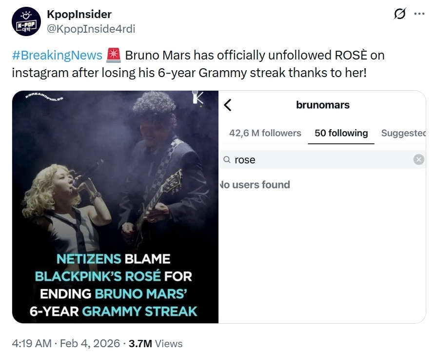 Ros&eacute; (BLACKPINK) vừa bị Bruno Mars cắt đứt quan hệ, tất cả tại thất bại &ecirc; chề ở Grammy 2026?- Ảnh 1.