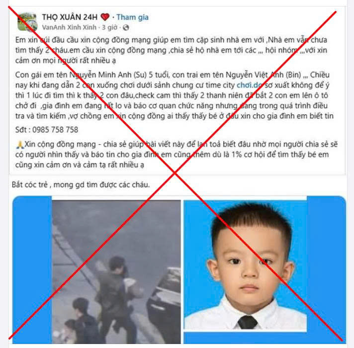 Tr&agrave;n lan th&ocirc;ng tin giả vụ "bắt c&oacute;c 2 trẻ em tại Times City", c&ocirc;ng an H&agrave; Nội cảnh b&aacute;o- Ảnh 3.