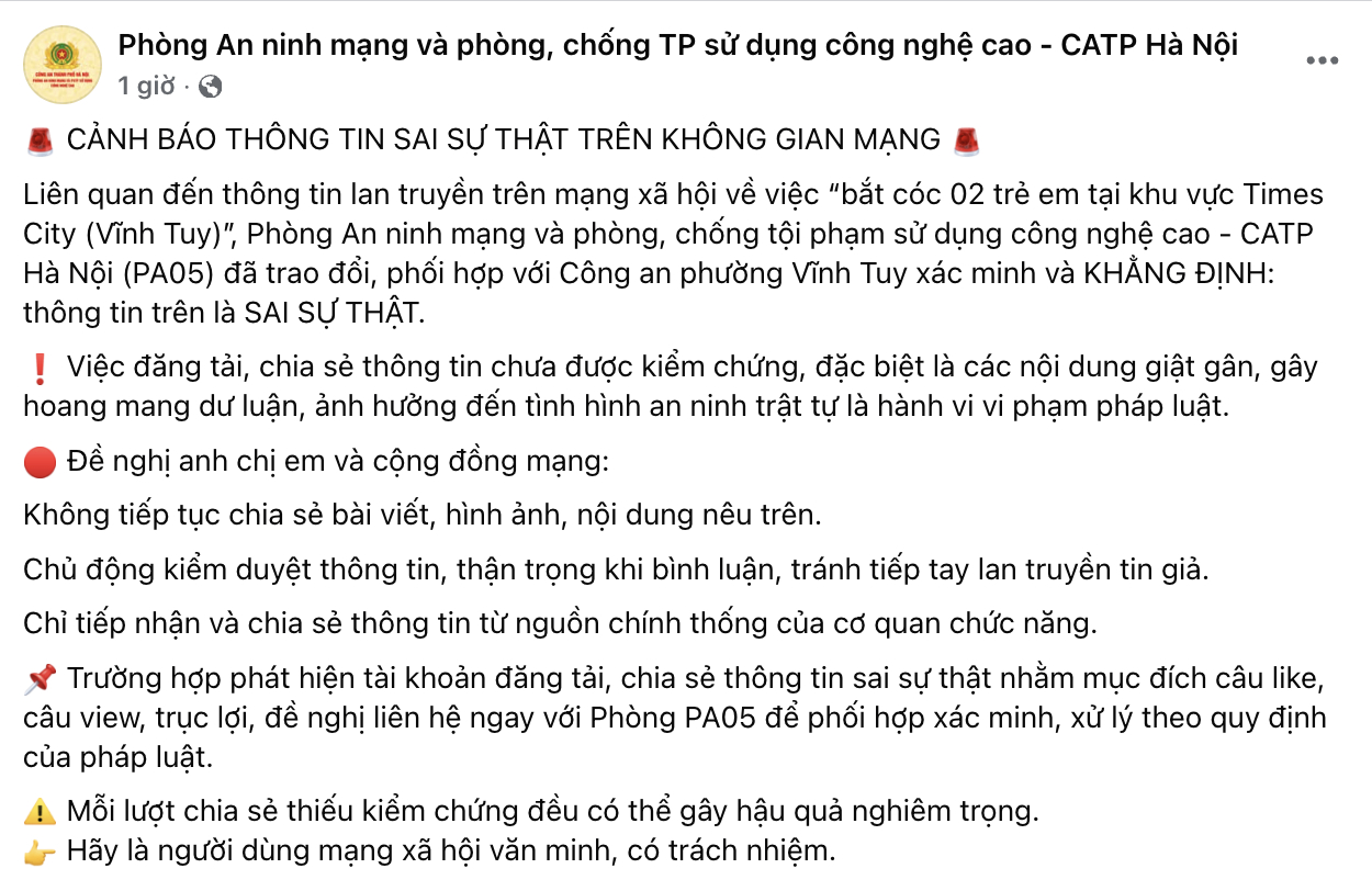 Tr&agrave;n lan th&ocirc;ng tin giả vụ "bắt c&oacute;c 2 trẻ em tại Times City", c&ocirc;ng an H&agrave; Nội cảnh b&aacute;o- Ảnh 1.