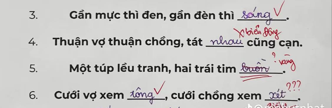 Học sinh điền "1 t&uacute;p lều tranh, 2 tr&aacute;i tim..." khiến d&acirc;n t&igrave;nh cười xỉu: Người c&oacute; tr&iacute; tưởng tượng phong ph&uacute; cũng kh&oacute; nghĩ ra!- Ảnh 1.