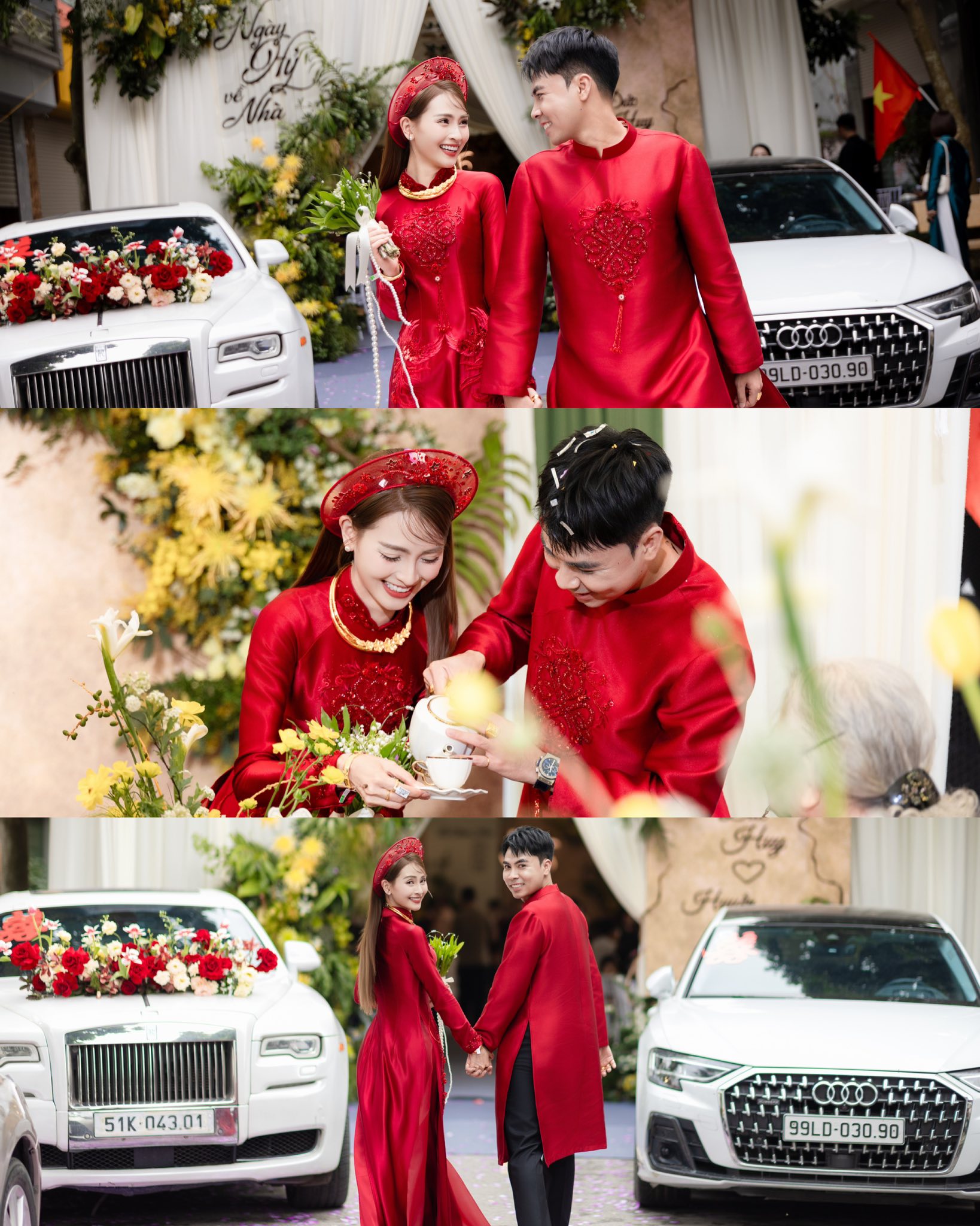 Ảnh n&eacute;t căng: MC M&ugrave; Tạt đeo v&agrave;ng nặng trĩu l&ecirc;n xe hoa c&ugrave;ng tuyển thủ Đức Huy,