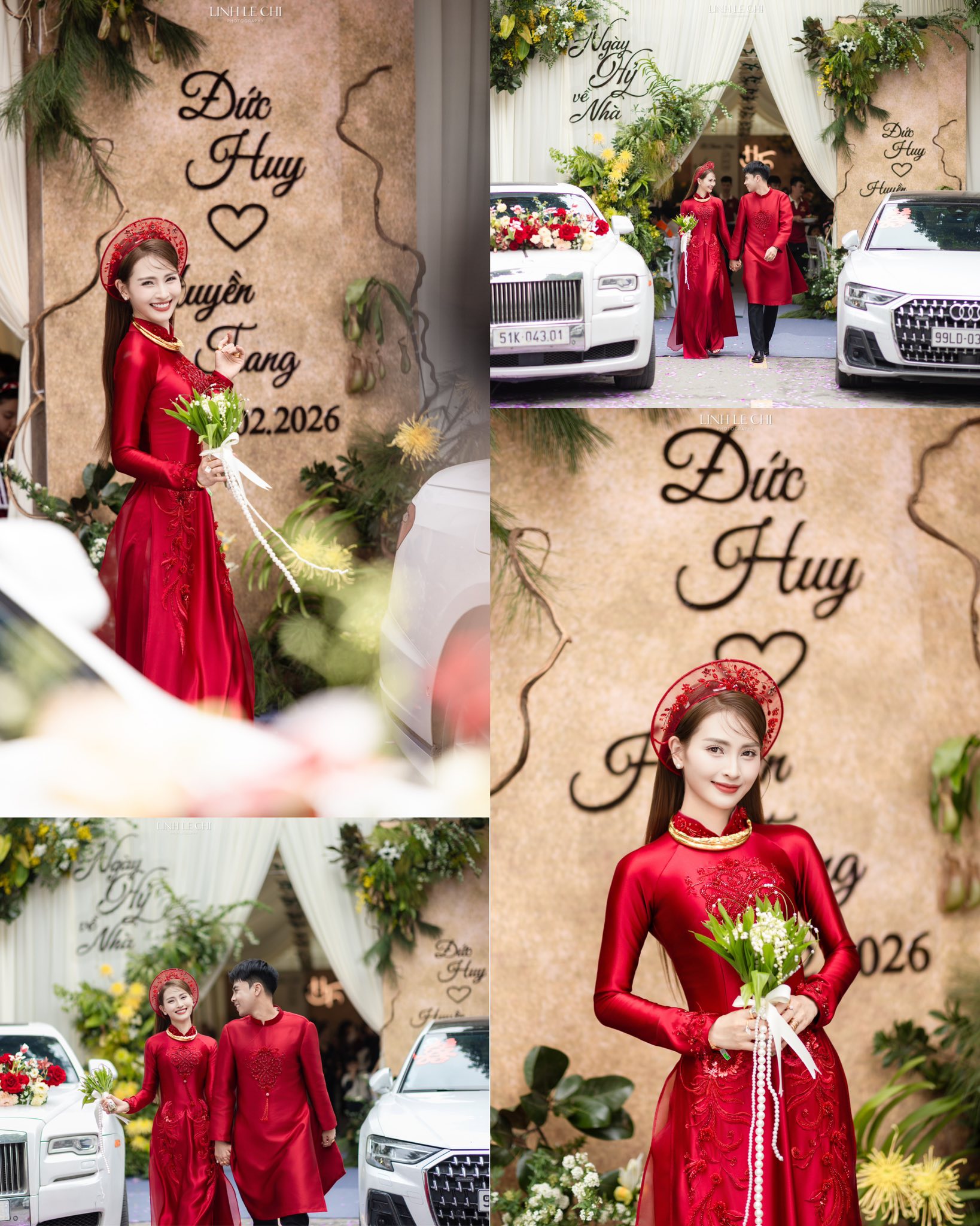 Ảnh n&eacute;t căng: MC M&ugrave; Tạt đeo v&agrave;ng nặng trĩu l&ecirc;n xe hoa c&ugrave;ng tuyển thủ Đức Huy,