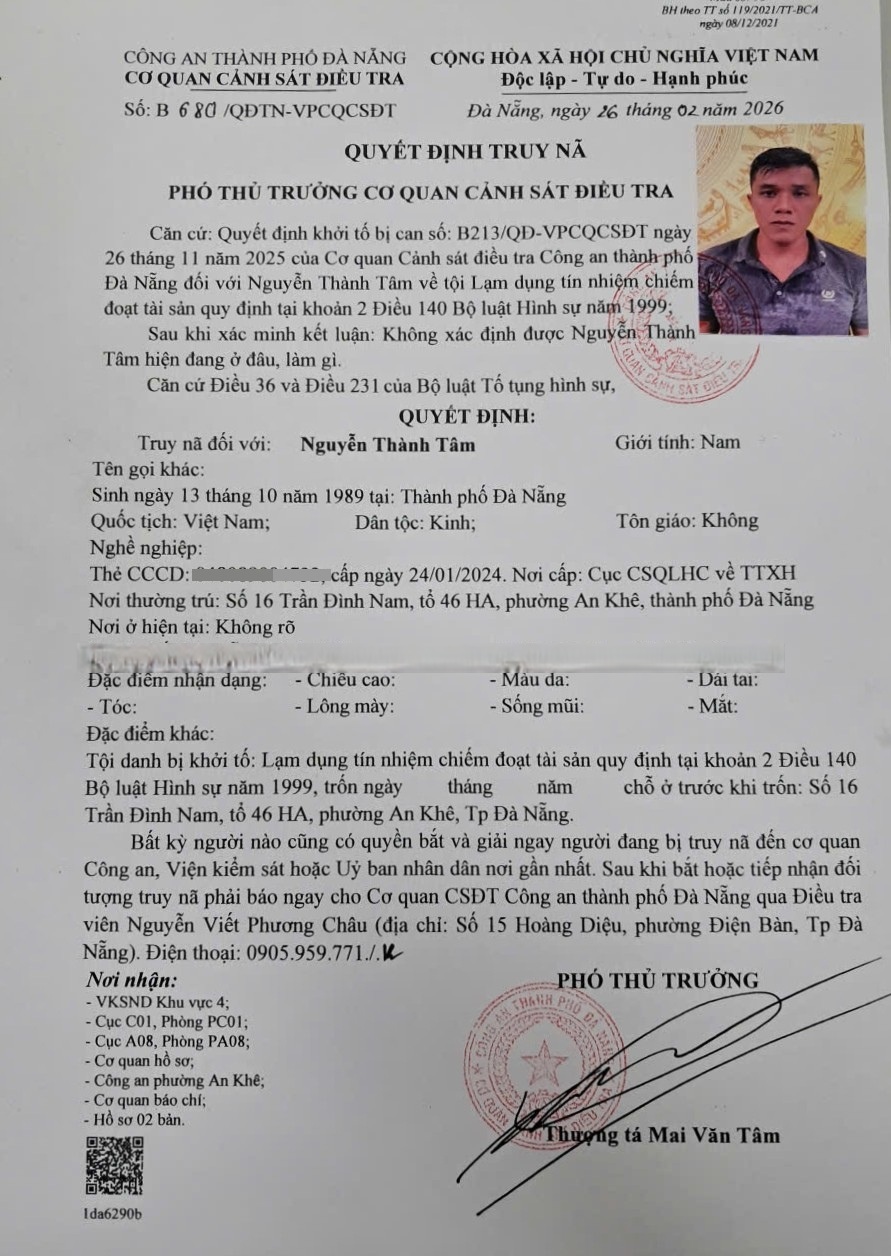 Công an Đà Nẵng truy nã đối tượng lạm dụng tín nhiệm chiếm đoạt tài sản- Ảnh 1. Công an Đà Nẵng truy nã đối tượng lạm dụng tín nhiệm chiếm đoạt tài sản- Ảnh 1.