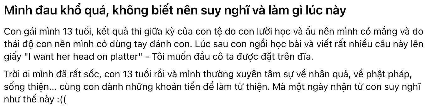 Đọc 6 chữ tiếng Anh con g&aacute;i viết, b&agrave; mẹ H&agrave; Nội sốc nặng: "M&igrave;nh đau khổ qu&aacute;, kh&ocirc;ng biết n&ecirc;n suy nghĩ v&agrave; l&agrave;m g&igrave; l&uacute;c n&agrave;y"- Ảnh 1.