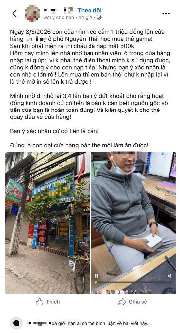 Con trai tự &yacute; cầm 1 triệu đi mua thẻ game nạp "bay" một nửa, mẹ đến đ&ograve;i trả lại th&igrave; nhận c&acirc;u trả lời "xanh rờn" từ nh&acirc;n vi&ecirc;n- Ảnh 1.