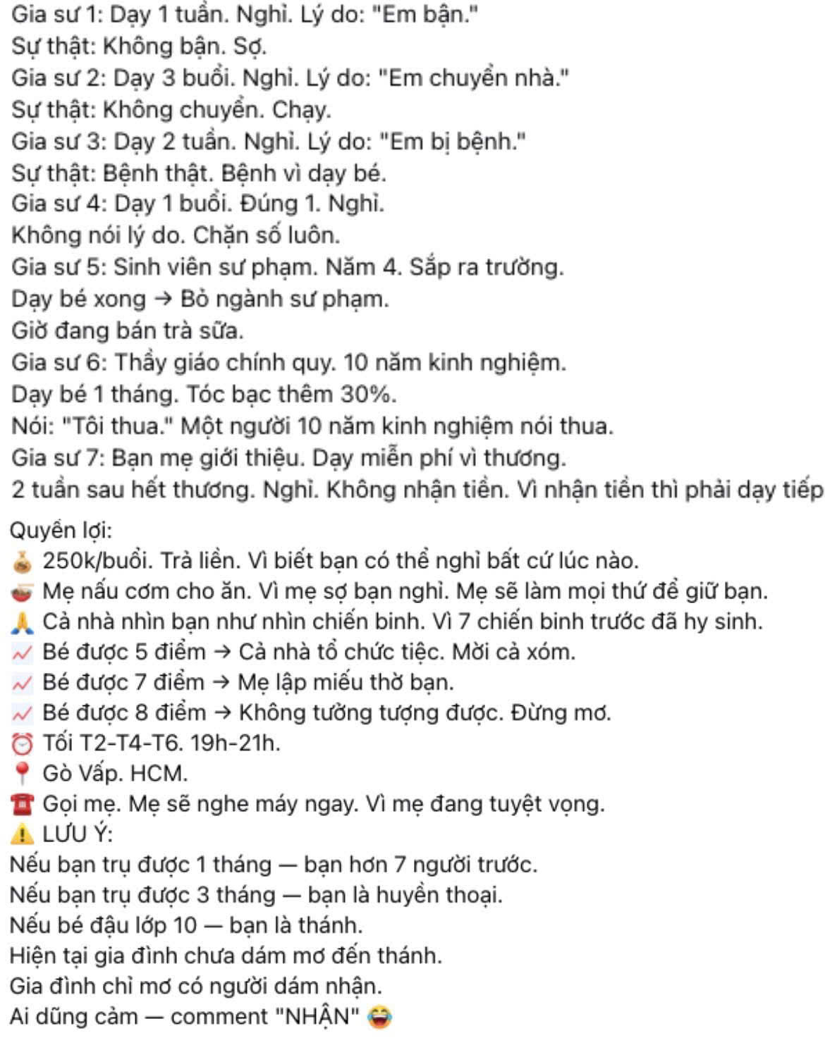 B&agrave;i đăng tuyển gia sư thứ 8 cho một nữ sinh tại TP.HCM v&igrave; 7 người trước đ&atilde; "bỏ chạy" đang HOT nhất Facebook- Ảnh 1.