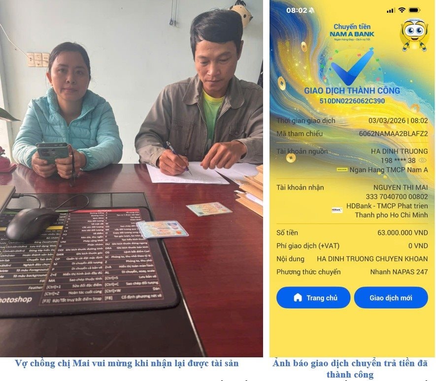 Trung t&aacute; C&ocirc;ng an nhận 63 triệu đồng chuyển khoản v&agrave;o t&agrave;i khoản c&aacute; nh&acirc;n: Chưa đầy 1 giờ, ng&acirc;n h&agrave;ng l&agrave;m việc với 2 chủ t&agrave;i khoản- Ảnh 1.