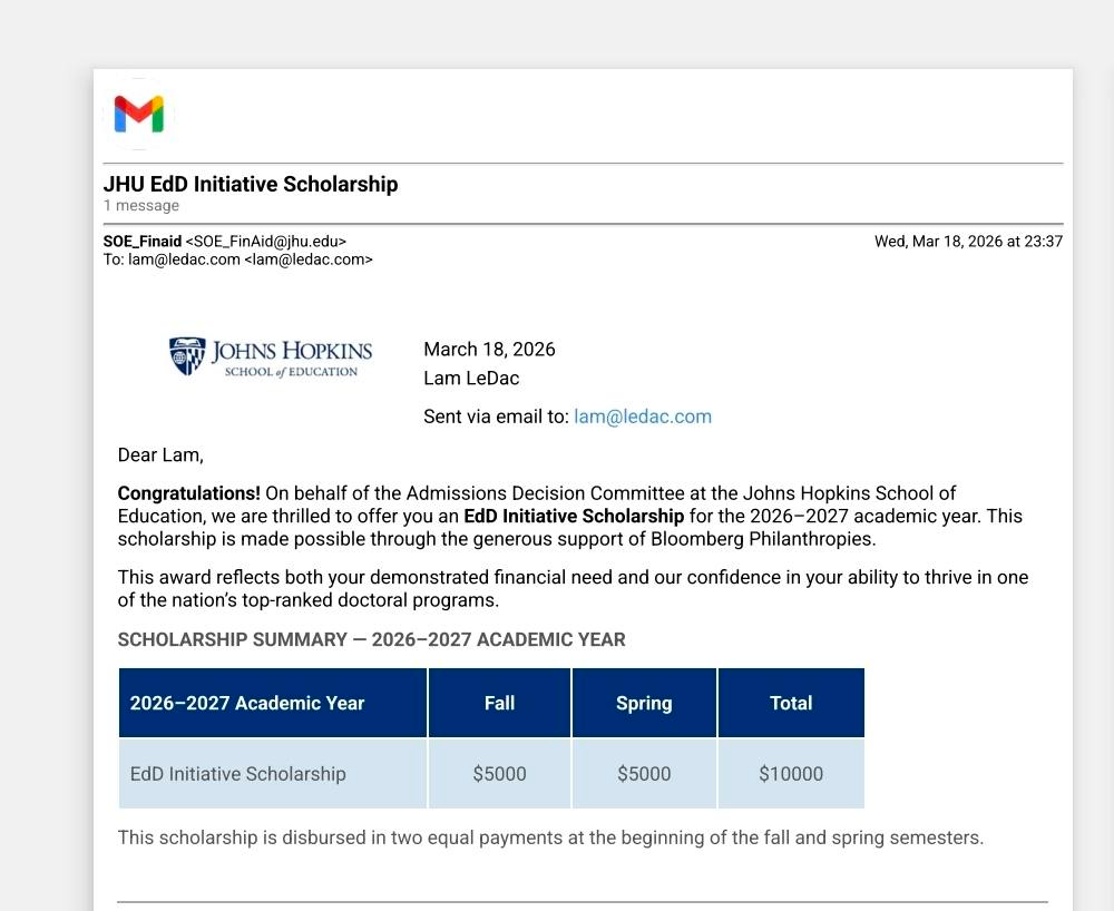 Vừa tốt nghiệp Thạc sĩ Harvard, Chủ tịch Vntrip L&ecirc; Đắc L&acirc;m gi&agrave;nh học bổng Tiến sĩ Gi&aacute;o dục Johns Hopkins- Ảnh 2.