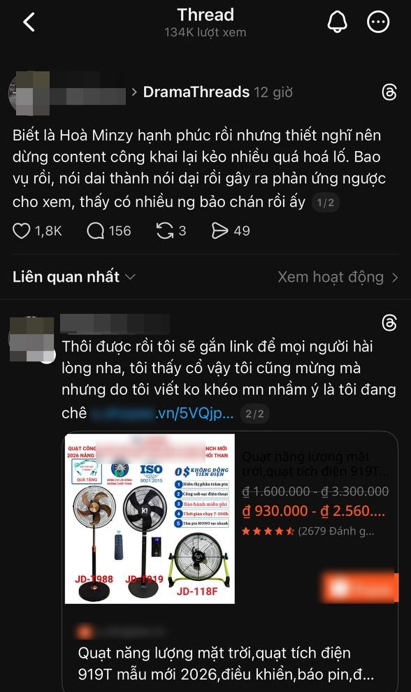 Tạo tranh c&atilde;i "Ho&agrave; Minzy c&oacute; qu&aacute; lố khi khoe hạnh ph&uacute;c" rồi... gắn link b&aacute;n quạt m&aacute;y: Bức x&uacute;c v&igrave; c&aacute;ch l&agrave;m affiliate "v&ocirc; tội vạ" tr&ecirc;n Threads- Ảnh 1.