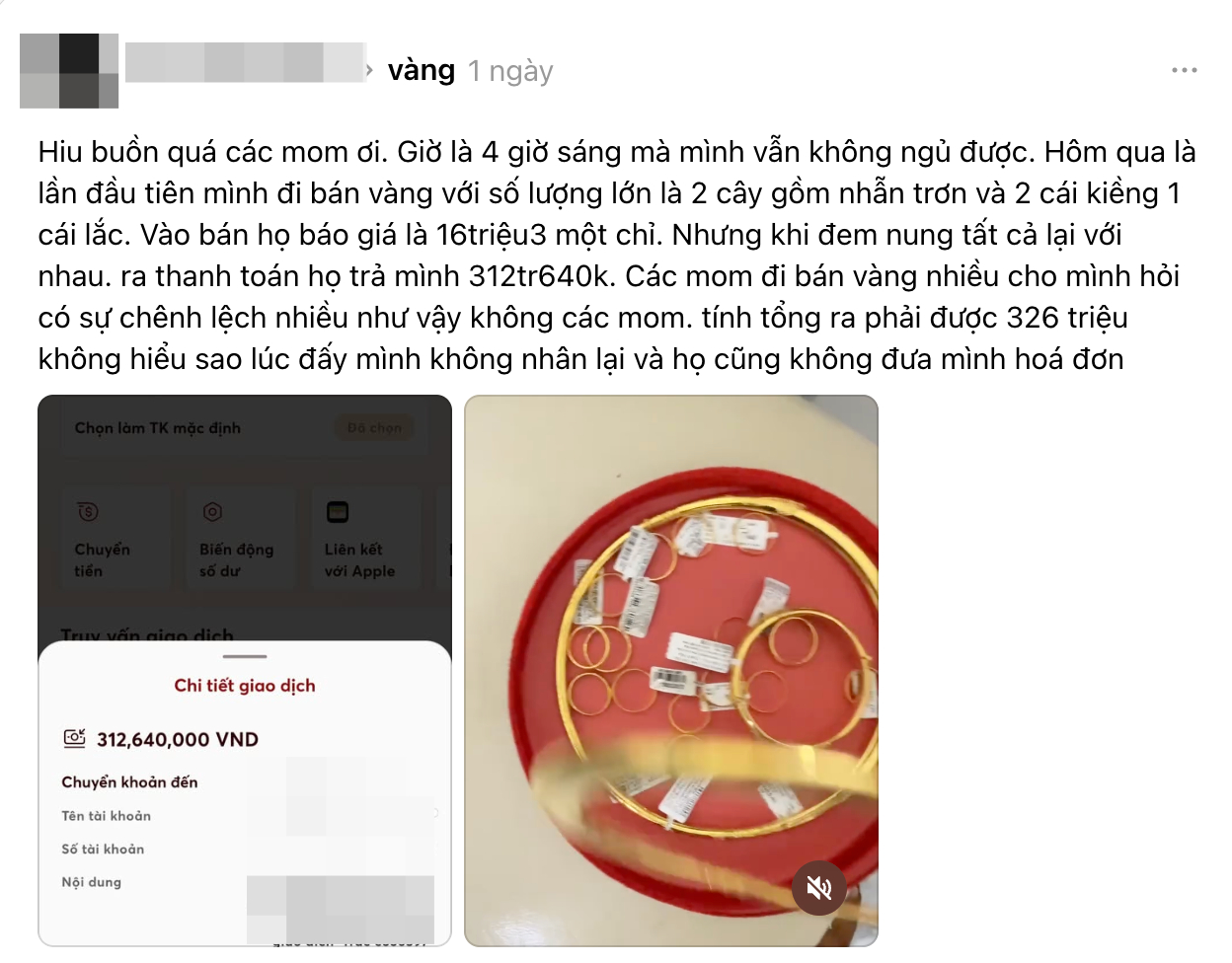 C&ocirc; g&aacute;i H&agrave; Nội sốc nặng khi b&aacute;n 2 c&acirc;y v&agrave;ng cưới ước t&iacute;nh 326 triệu, chủ tiệm chỉ đưa 312 triệu, netizen: Vậy l&agrave; ch&iacute;nh x&aacute;c rồi!- Ảnh 1.
