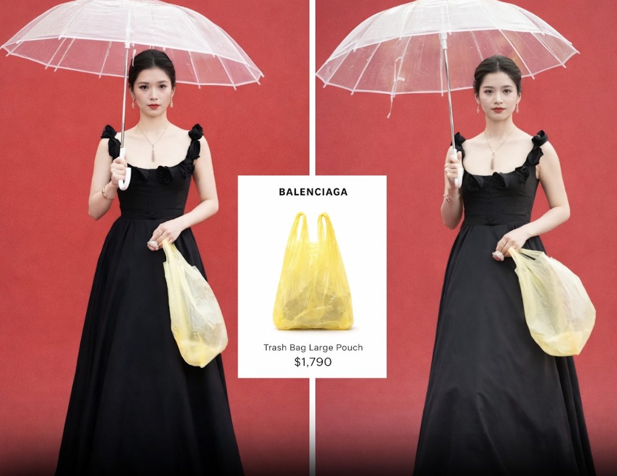 T&uacute;i nylon v&agrave;ng của Trương Tịnh Nghi đang gi&uacute;p Balenciaga th&agrave;nh "g&atilde; hề ngồi m&aacute;t ăn b&aacute;t v&agrave;ng"- Ảnh 1.