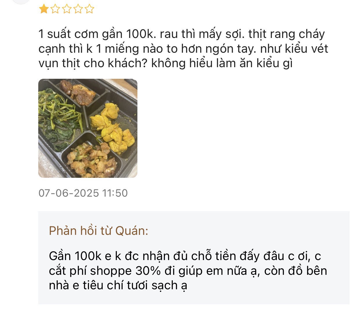 Tranh c&atilde;i suất cơm 60k nhận về v&agrave;i miếng vụn, chủ qu&aacute;n đ&aacute;p trả: "M&igrave;nh nhận lại 35k th&igrave; bạn muốn g&igrave; ở 35k?"- Ảnh 1.