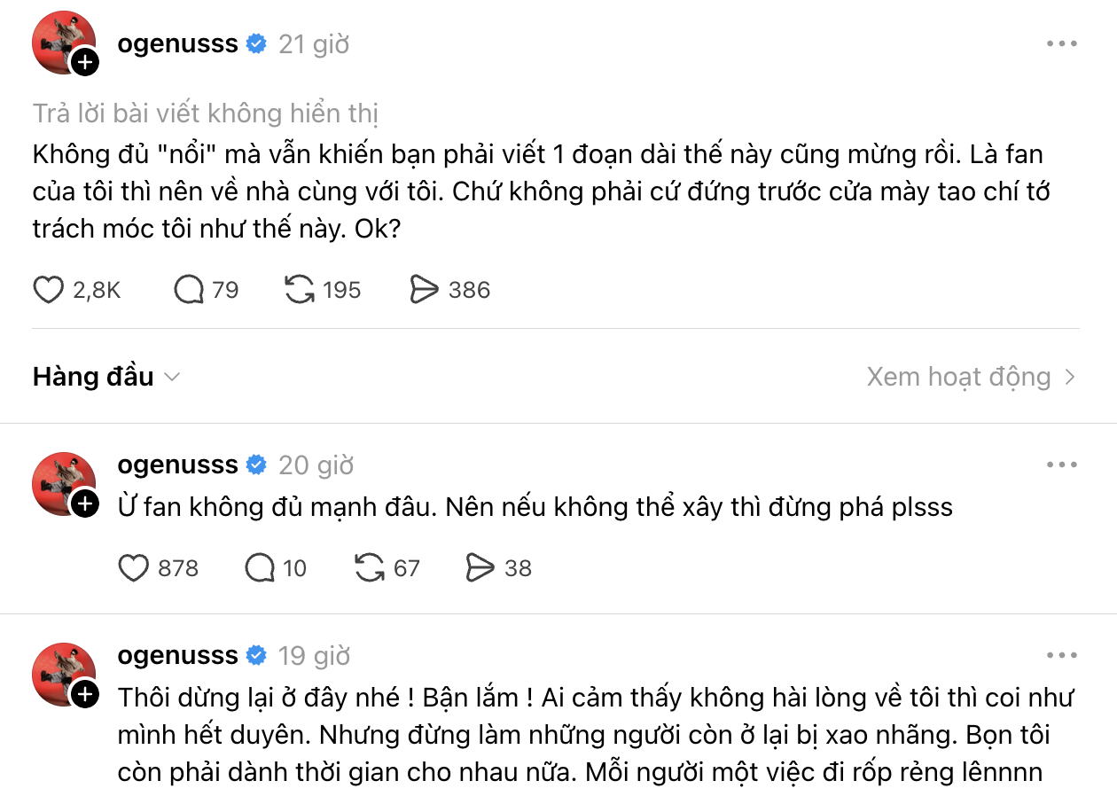 OgeNus phản hồi khi bị chỉ tr&iacute;ch chỉ lo y&ecirc;u đương: &ldquo;Cảm thấy kh&ocirc;ng h&agrave;i l&ograve;ng về t&ocirc;i th&igrave; coi như m&igrave;nh hết duy&ecirc;n&rdquo;- Ảnh 3.