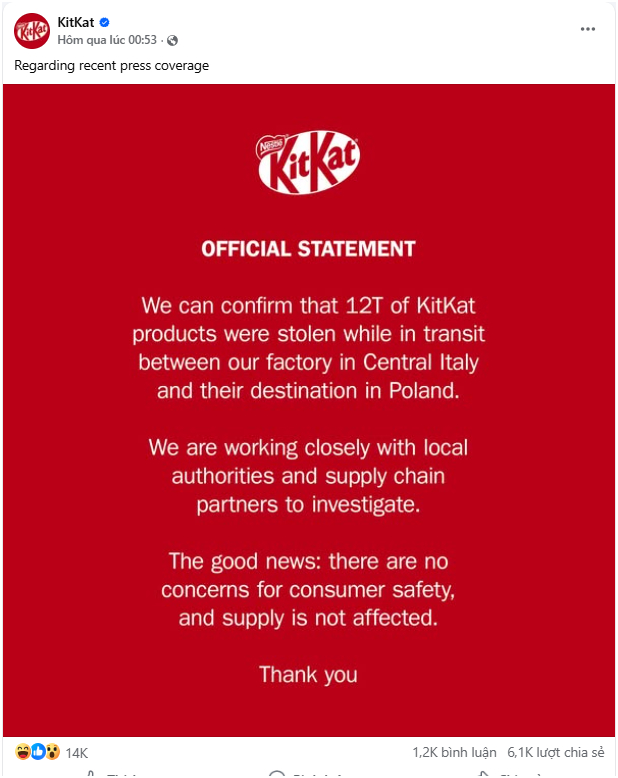 12 tấn KitKat bị trộm, một loạt c&aacute;c brand ở Việt Nam ra th&ocirc;ng b&aacute;o "xe tải chở h&agrave;ng bị mất t&iacute;ch": Chuyện g&igrave; đ&acirc;y?- Ảnh 2.
