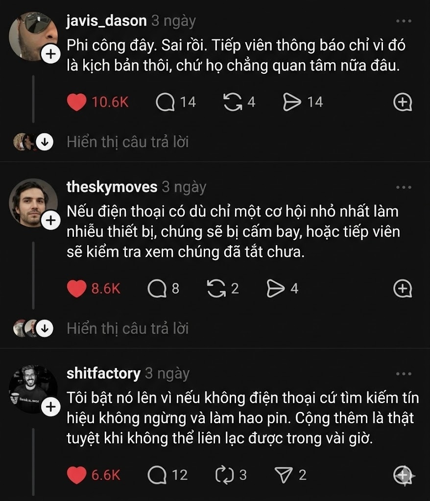 L&ecirc;n m&aacute;y bay phải bật chế độ m&aacute;y bay? Cư d&acirc;n Threads b&igrave;nh luận s&ocirc;i nổi, c&oacute; phi c&ocirc;ng khẳng định "t&ocirc;i chẳng bao giờ bật"- Ảnh 2.