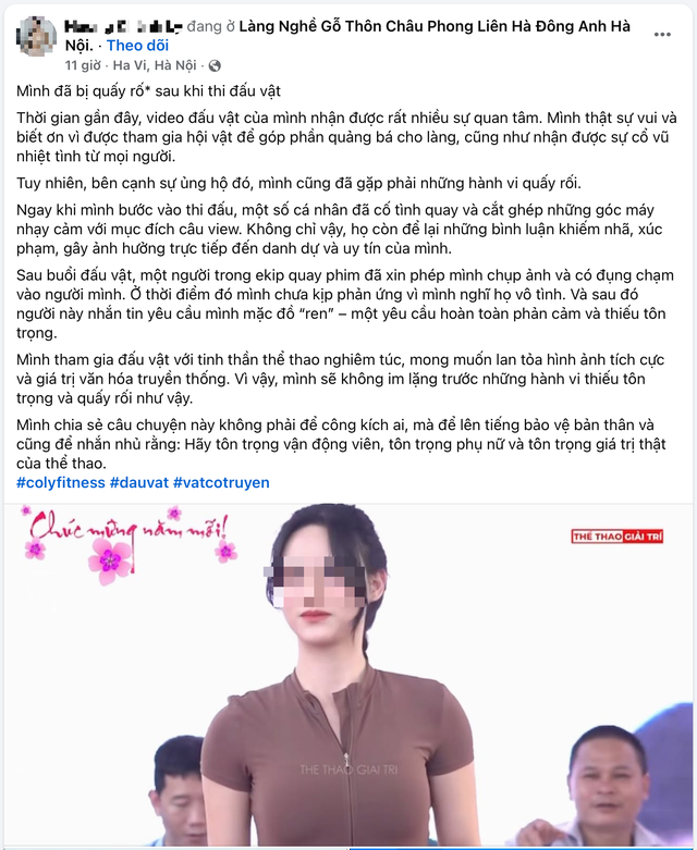 Một nữ đ&ocirc; vật l&ecirc;n tiếng về việc bị quấy rối tại giải vật hội l&agrave;ng ở H&agrave; Nội- Ảnh 1.