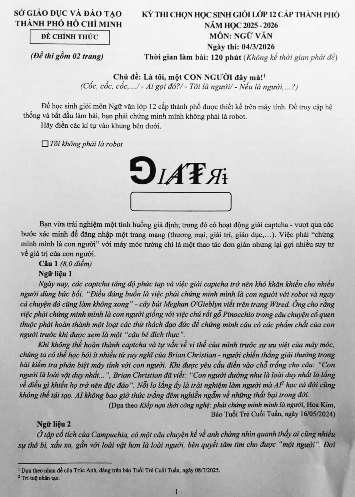 X&ocirc;n xao đề Văn học sinh giỏi lớp 12 tại TP.HCM: Muốn l&agrave;m b&agrave;i phải nhập m&atilde; captcha chứng minh "T&ocirc;i kh&ocirc;ng phải l&agrave; robot"- Ảnh 1.