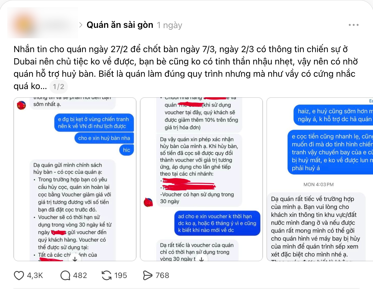 Kh&aacute;ch Việt ở Trung Đ&ocirc;ng xin hủy cọc, qu&aacute;n nhậu TP.HCM l&ecirc;n tiếng "Gi&aacute;m đốc cũng đang kẹt ở Dubai"- Ảnh 1.