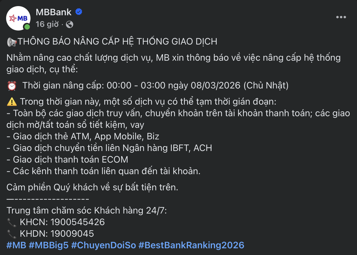 Kh&aacute;ch h&agrave;ng MB ch&uacute; &yacute;: C&aacute;c giao dịch chuyển khoản c&oacute; thể bị gi&aacute;n đoạn v&agrave;o cuối tuần- Ảnh 1.