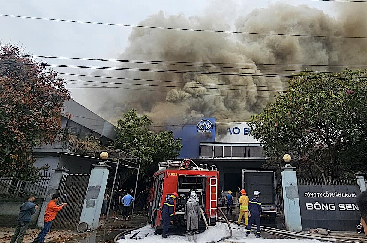 Hỏa hoạn tại C&ocirc;ng ty bao b&igrave; B&ocirc;ng Sen, kh&oacute;i đen cuồn cuộn- Ảnh 1.