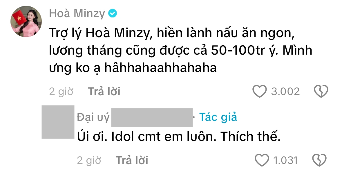 H&ograve;a Minzy mai mối "trợ l&yacute; lương 50-100 triệu/th&aacute;ng" cho một ch&uacute; bộ đội hot tr&ecirc;n TikTok: Phản ứng đ&agrave;ng trai ra sao?- Ảnh 2.