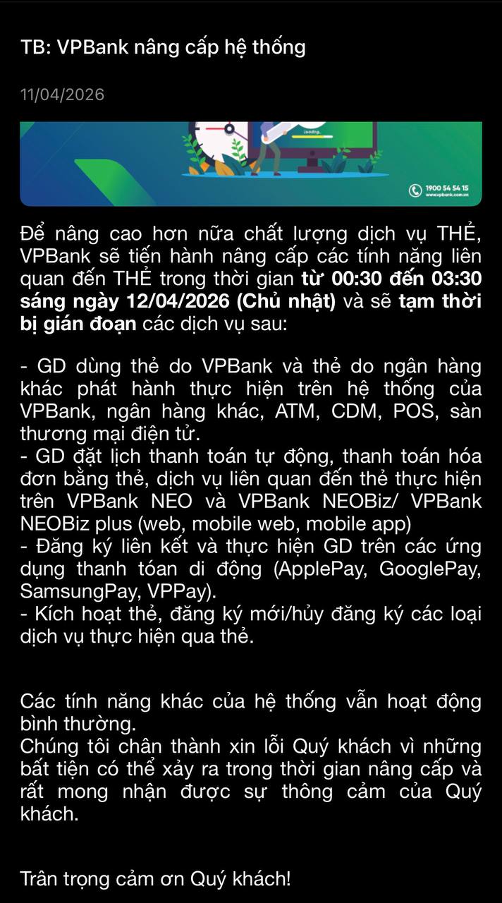 VPBank th&ocirc;ng b&aacute;o gi&aacute;n đoạn một số giao dịch từ rạng s&aacute;ng 12/4, kh&aacute;ch h&agrave;ng cần lưu &yacute;- Ảnh 2.