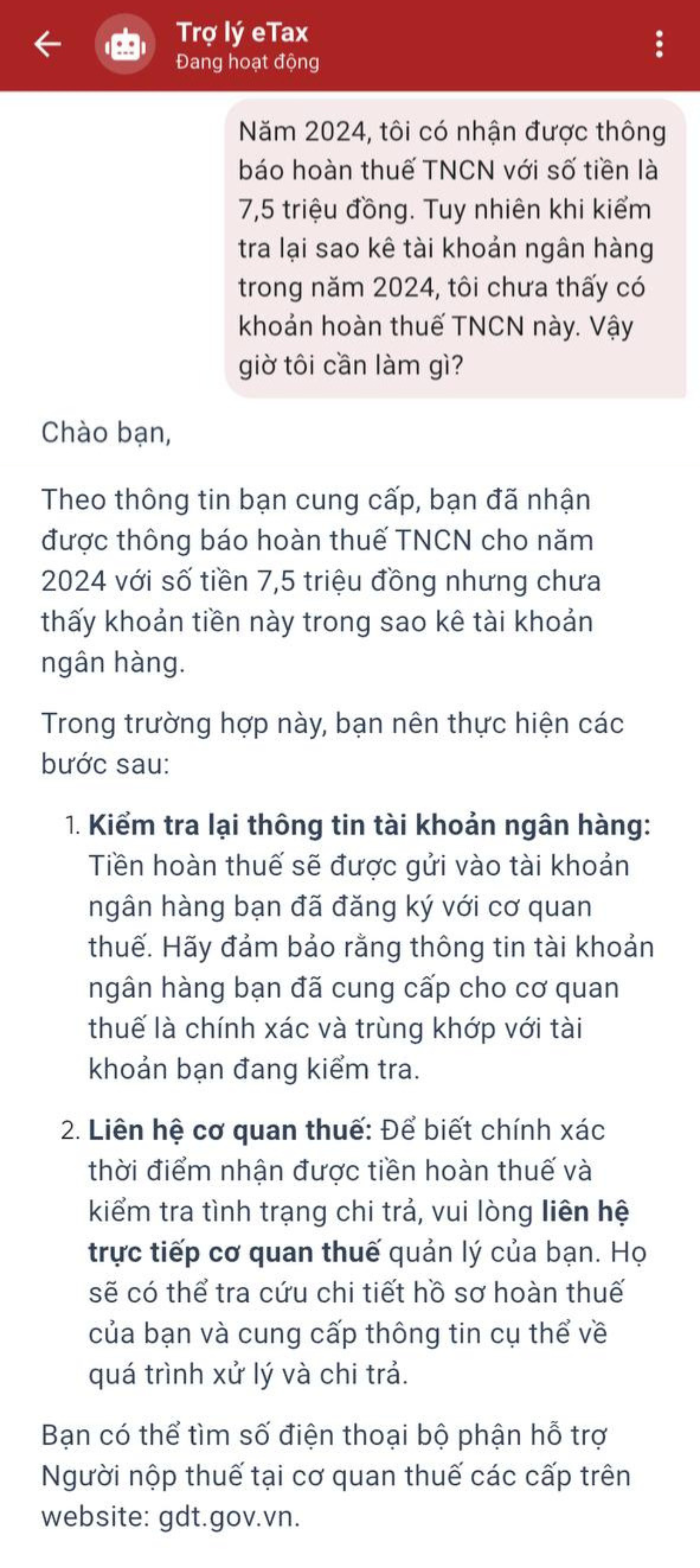 Được hoàn thuế TNCN 7,5 triệu đồng nhưng chưa thấy “tiền về”: Kiểm tra trên eTax Mobile được không hay phải trực tiếp ra cơ quan thuế?- Ảnh 1. Được hoàn thuế TNCN 7,5 triệu đồng nhưng chưa thấy “tiền về”: Kiểm tra trên eTax Mobile được không hay phải trực tiếp ra cơ quan thuế?- Ảnh 1.