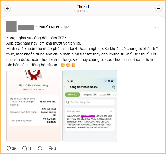 Xem người ta khoe tiền ho&agrave;n thuế TNCN n&agrave;y: &Iacute;t th&igrave; 10-13 triệu, c&oacute; người được tận 36 triệu- Ảnh 1.