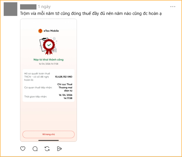 Xem người ta khoe tiền ho&agrave;n thuế TNCN n&agrave;y: &Iacute;t th&igrave; 10-13 triệu, c&oacute; người được tận 36 triệu- Ảnh 2.