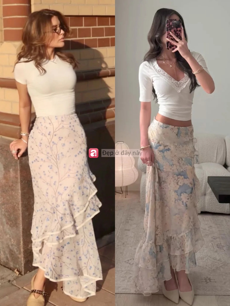 8 c&aacute;ch phối ch&acirc;n v&aacute;y hoa nh&iacute; gi&uacute;p n&agrave;ng mặc đẹp từ c&ocirc;ng sở đến đi biển- Ảnh 6.