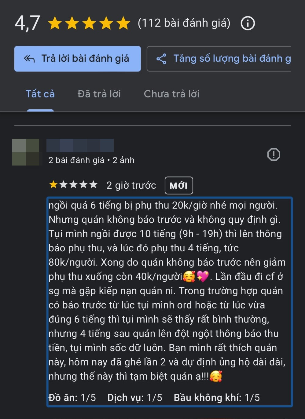 Ngồi c&agrave; ph&ecirc; 10 tiếng, bị phụ thu 40k/ người, nh&oacute;m kh&aacute;ch đ&aacute;nh gi&aacute; qu&aacute;n 1 sao: "Ai bảo kh&ocirc;ng c&oacute; quy định r&otilde; r&agrave;ng về ngồi l&acirc;u"- Ảnh 2.