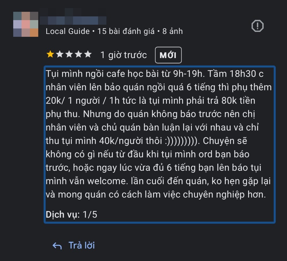 Ngồi c&agrave; ph&ecirc; 10 tiếng, bị phụ thu 40k/ người, nh&oacute;m kh&aacute;ch đ&aacute;nh gi&aacute; qu&aacute;n 1 sao: "Ai bảo kh&ocirc;ng c&oacute; quy định r&otilde; r&agrave;ng về ngồi l&acirc;u"- Ảnh 3.