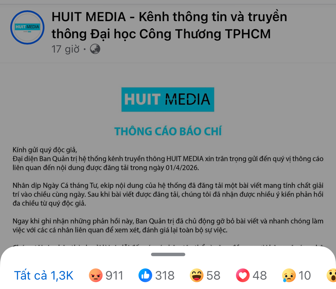 K&ecirc;nh truyền th&ocirc;ng một trường đại học tại TP.HCM bị mắng v&igrave; &ldquo;tr&ograve; đ&ugrave;a C&aacute; th&aacute;ng Tư v&ocirc; duy&ecirc;n&rdquo;: Lời xin lỗi lại chọc tức th&ecirc;m?- Ảnh 4.