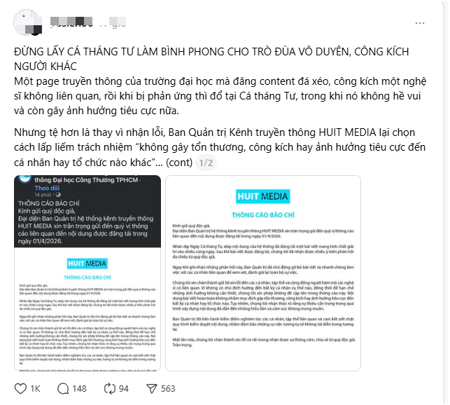 K&ecirc;nh truyền th&ocirc;ng một trường đại học tại TP.HCM bị mắng v&igrave; &ldquo;tr&ograve; đ&ugrave;a C&aacute; th&aacute;ng Tư v&ocirc; duy&ecirc;n&rdquo;: Lời xin lỗi lại chọc tức th&ecirc;m?- Ảnh 5.