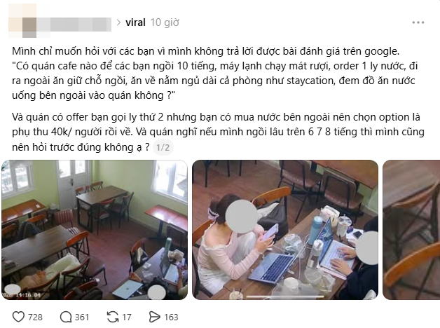 Ngồi c&agrave; ph&ecirc; 10 tiếng, bị phụ thu 40k/ người, nh&oacute;m kh&aacute;ch đ&aacute;nh gi&aacute; qu&aacute;n 1 sao: "Ai bảo kh&ocirc;ng c&oacute; quy định r&otilde; r&agrave;ng về ngồi l&acirc;u"- Ảnh 1.