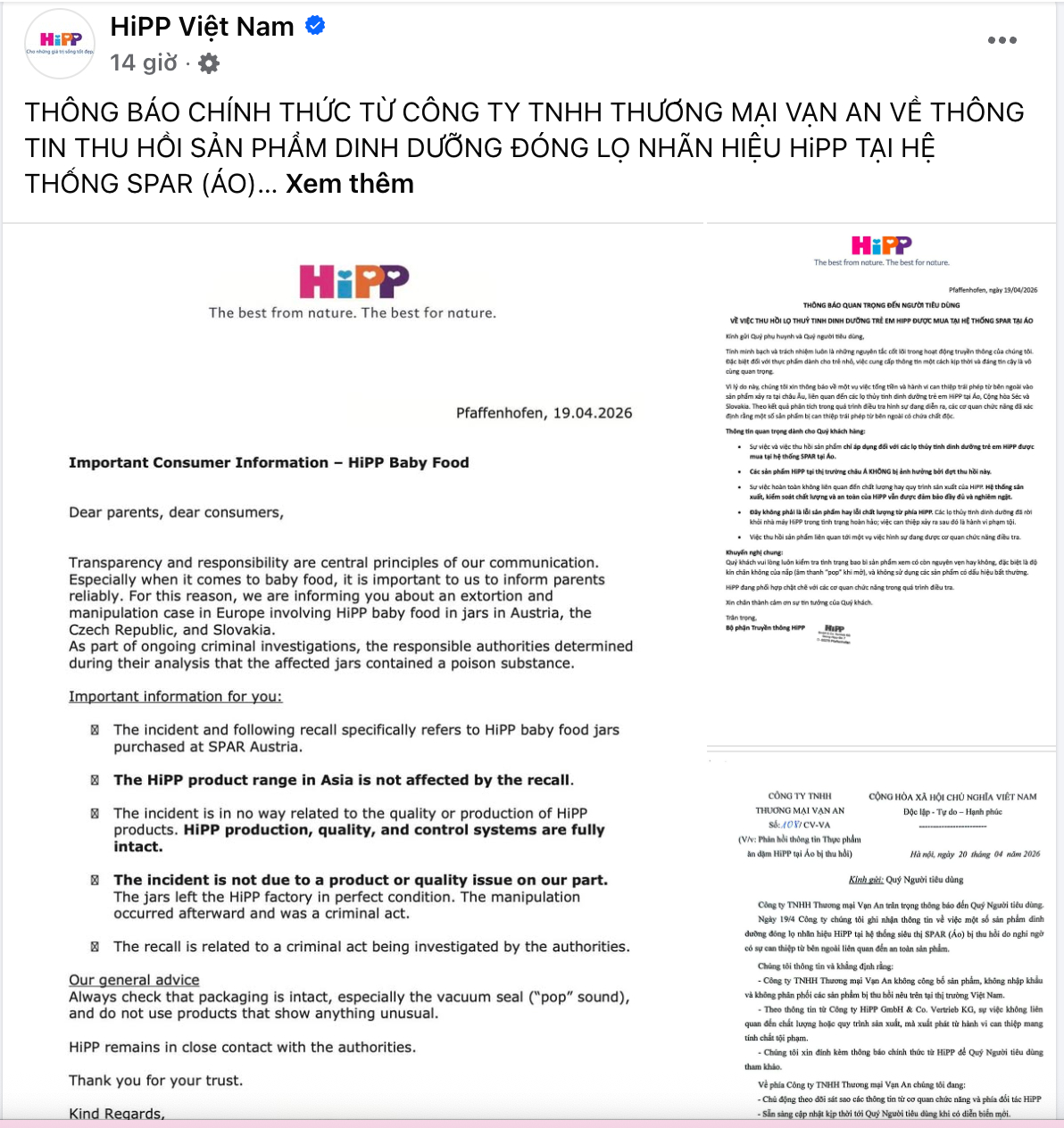 Vụ thu hồi sản phẩm ăn dặm HiPP nghi nhiễm thuốc diệt chuột: Đơn vị nhập khẩu tại Việt Nam ph&aacute;t th&ocirc;ng b&aacute;o n&oacute;ng- Ảnh 1.