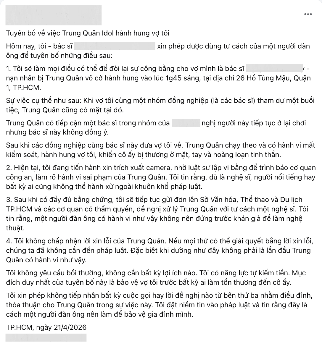 Trung Qu&acirc;n Idol nhắn tin xin lỗi vụ h&agrave;nh hung nhưng bị từ chối, chồng - Ảnh 1.